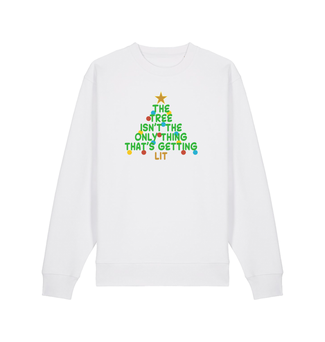 white xmas sweater with the slogan 'the tree isn't the only thing that's getting lit'