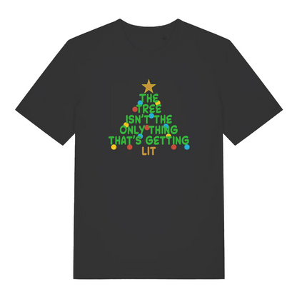 black women's xmas slogan t-shirt with the text 'the tree isn't the only thing that's getting lit'