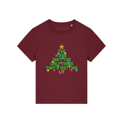 burgundy t-shirt with Christmas tree design and the slogan 'the tree isn't the only thing that's getting lit'
