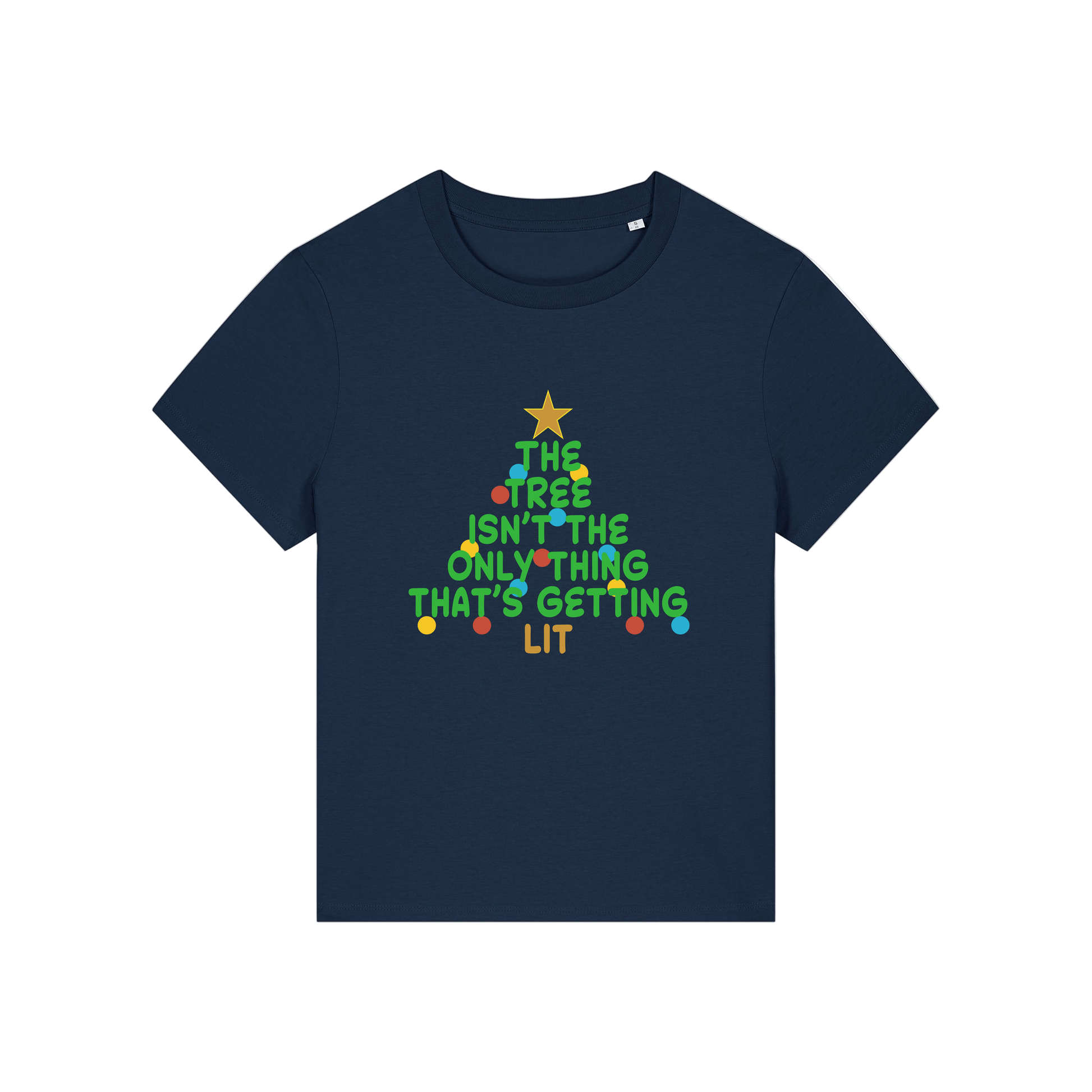 navy t-shirt with Christmas tree design and the slogan 'the tree isn't the only thing that's getting lit'