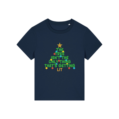 navy t-shirt with Christmas tree design and the slogan 'the tree isn't the only thing that's getting lit'