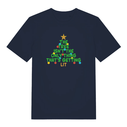 navy women's xmas slogan t-shirt with the text 'the tree isn't the only thing that's getting lit'