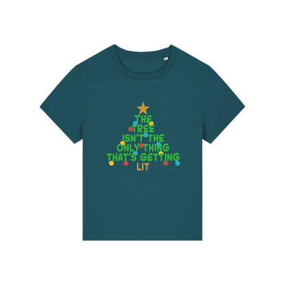 teal t-shirt with Christmas tree design and the slogan 'the tree isn't the only thing that's getting lit'