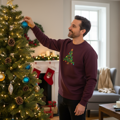 Man decorating a Christmas tree in a living room with festive decorations.