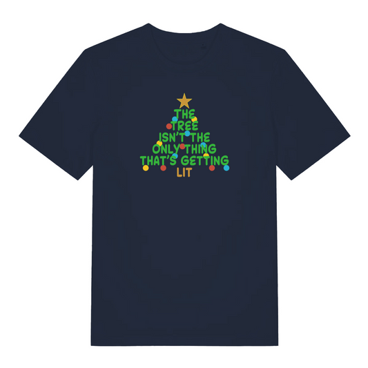 navy christmas t-shirt with the slogan 'the tree isn't the only thing that's getting lit'