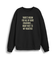 black christmas slogan sweater with 'there's room for all of gods creatures right next to my roasties'