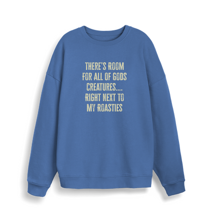 blue christmas slogan sweater with 'there's room for all of gods creatures right next to my roasties'