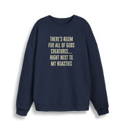 navy christmas slogan sweater with 'there's room for all of gods creatures right next to my roasties'