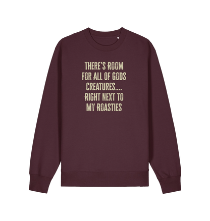 red brown christmas slogan sweater with 'there's room for all of gods creatures right next to my roasties'