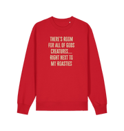 red christmas slogan sweater with 'there's room for all of gods creatures right next to my roasties'
