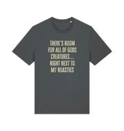 grey christmas t-shirt with 'there's room for all of gods creatures right next to my roasties'