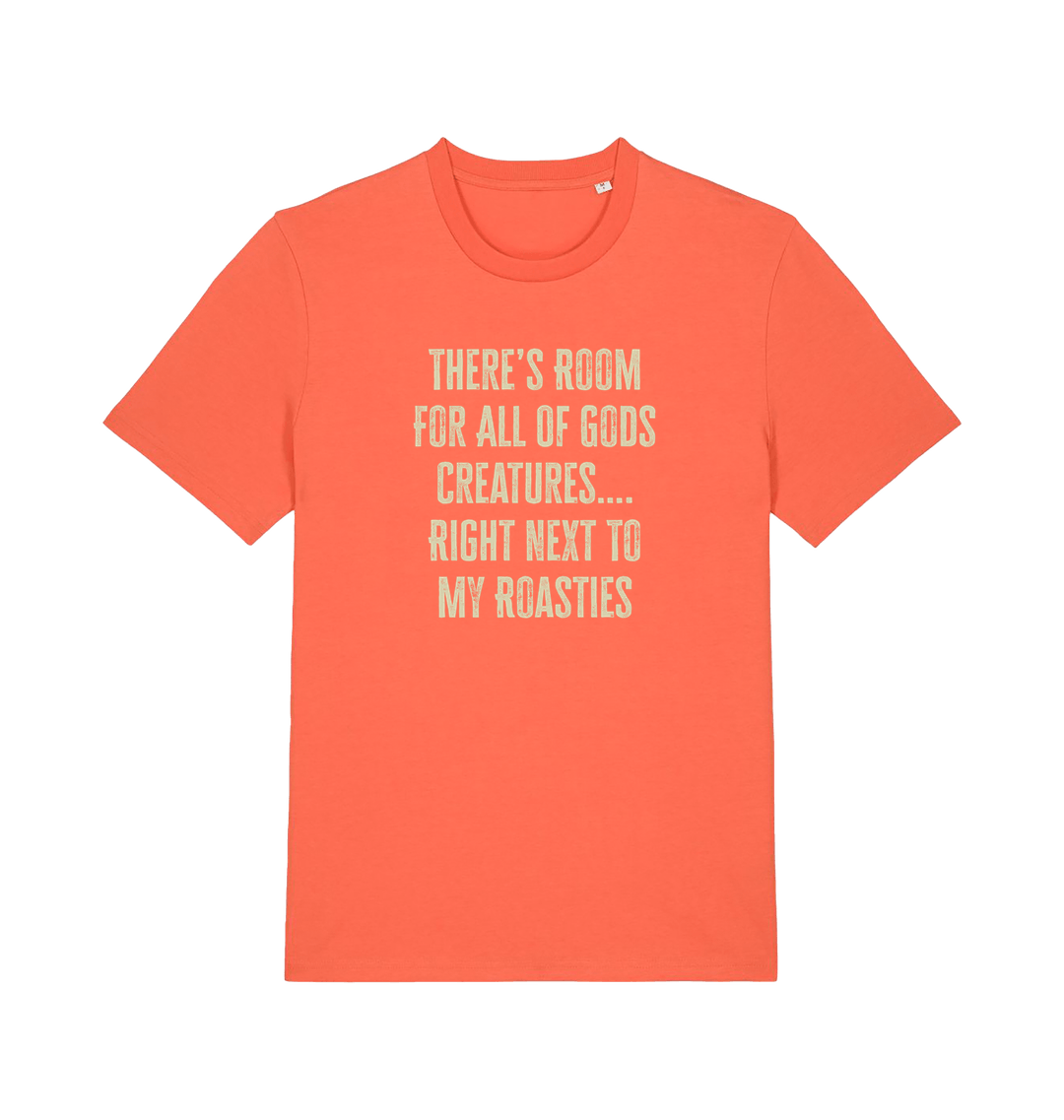 orange christmas t-shirt with 'there's room for all of gods creatures right next to my roasties'