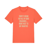 orange christmas t-shirt with 'there's room for all of gods creatures right next to my roasties'
