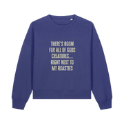 blue christmas sweater with the slogan 'there's room for all of gods creatures next to my roasties'