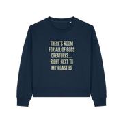navy christmas sweater with the slogan 'there's room for all of gods creatures next to my roasties'