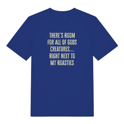 blue women's christmas slogan t-shirt with the text 'there's room for all gods creatures right next to my roasties'