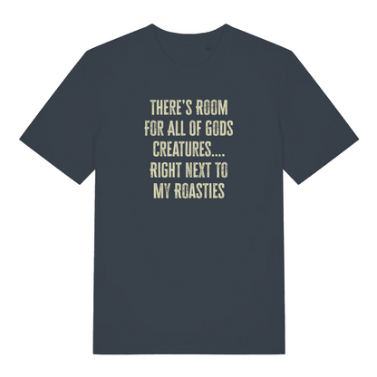 ink grey women's christmas slogan t-shirt with the text 'there's room for all gods creatures right next to my roasties'