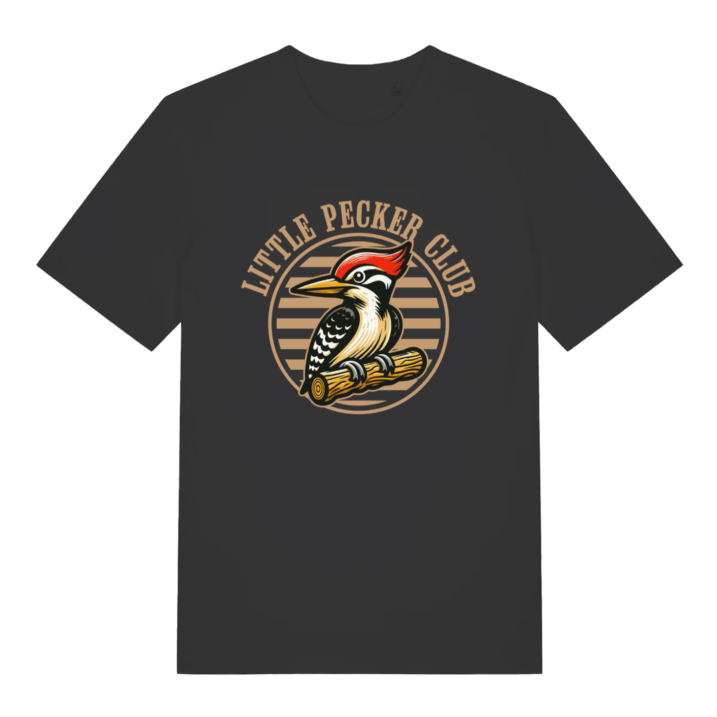Black Little Pecker Club funny graphic t-shirt with circular badge woodpecker design and “LITTLE PECKER CLUB” text  