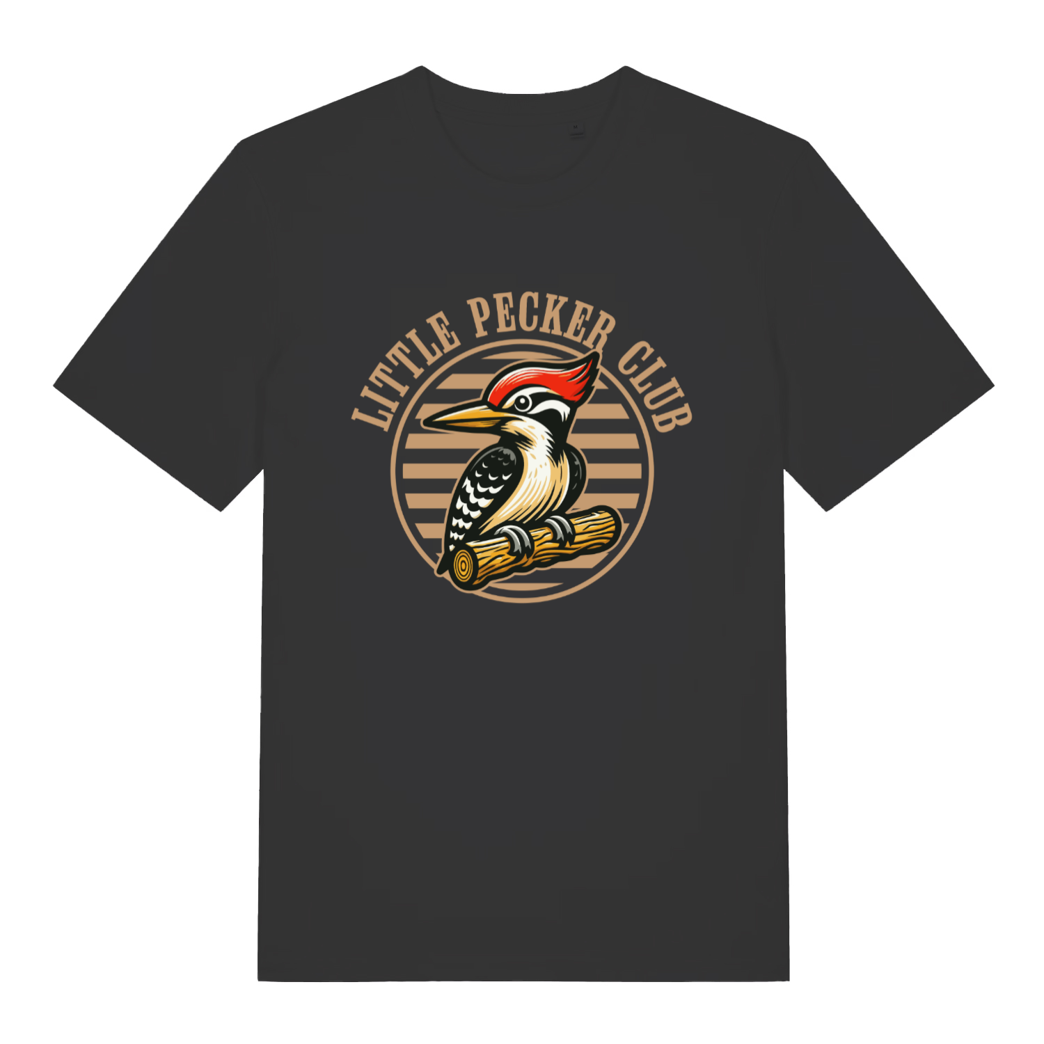 Black Little Pecker Club funny graphic t-shirt with circular badge woodpecker design and “LITTLE PECKER CLUB” text  