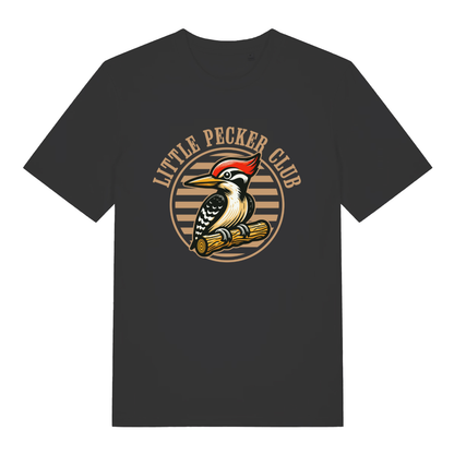 Black Little Pecker Club funny graphic t-shirt with circular badge woodpecker design and “LITTLE PECKER CLUB” text  