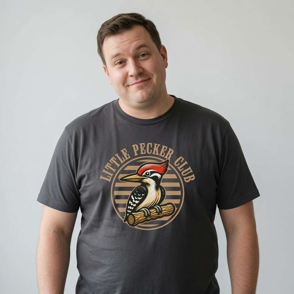 Man with slight smile looking to the side in black Little Pecker Club tee with woodpecker design, funny mens woodpecker pun graphic