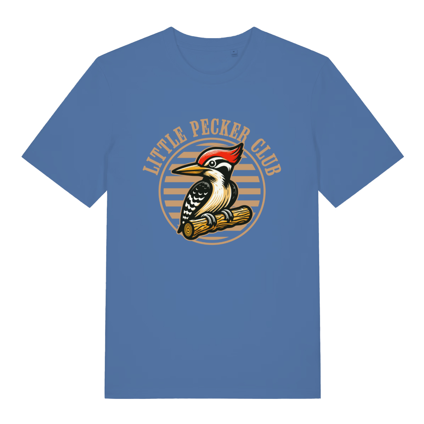 Blue Little Pecker Club funny graphic t-shirt featuring detailed cartoon woodpecker badge and “LITTLE PECKER CLUB” lettering  