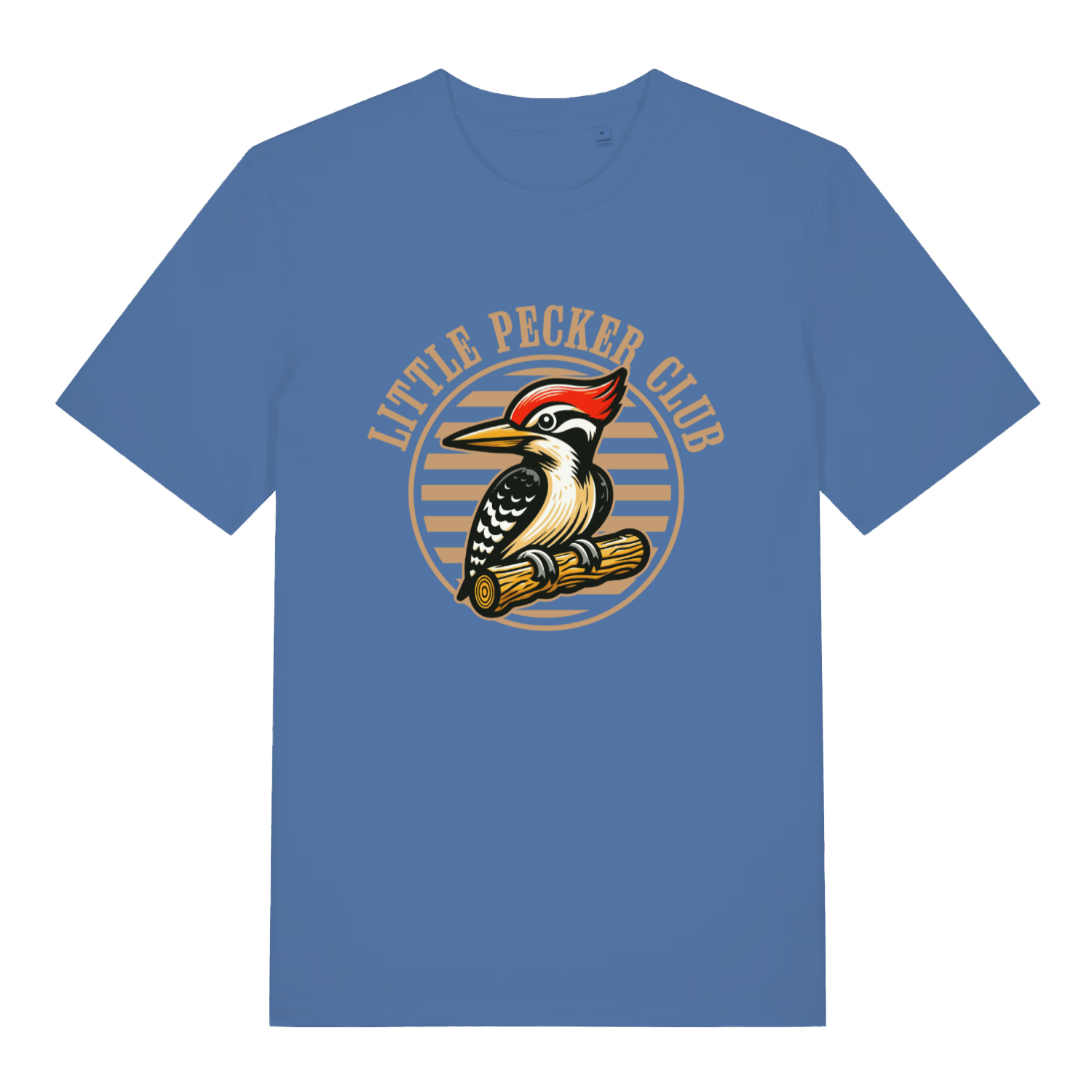 Blue Little Pecker Club funny graphic t-shirt featuring detailed cartoon woodpecker badge and “LITTLE PECKER CLUB” lettering  