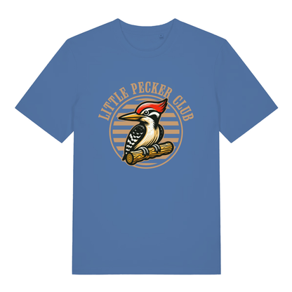 Blue Little Pecker Club funny graphic t-shirt featuring detailed cartoon woodpecker badge and “LITTLE PECKER CLUB” lettering  