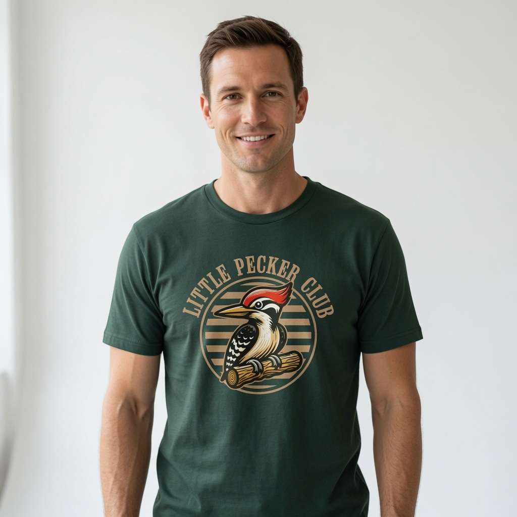 Man smiling in green Little Pecker Club t-shirt, funny mens cheeky rude graphic