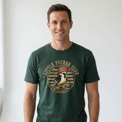 Man smiling in green Little Pecker Club t-shirt, funny mens cheeky rude graphic