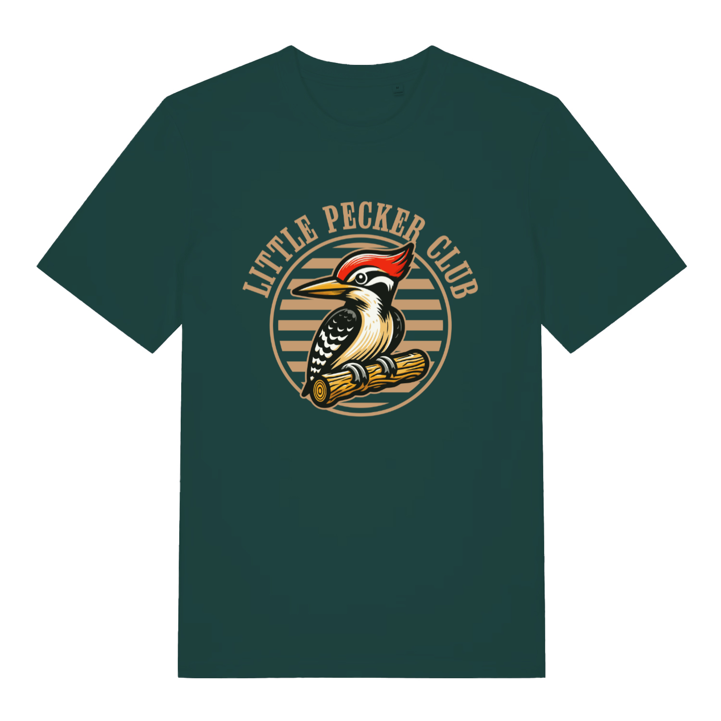 Green Little Pecker Club funny graphic t-shirt with bold circular woodpecker design and “LITTLE PECKER CLUB” text  