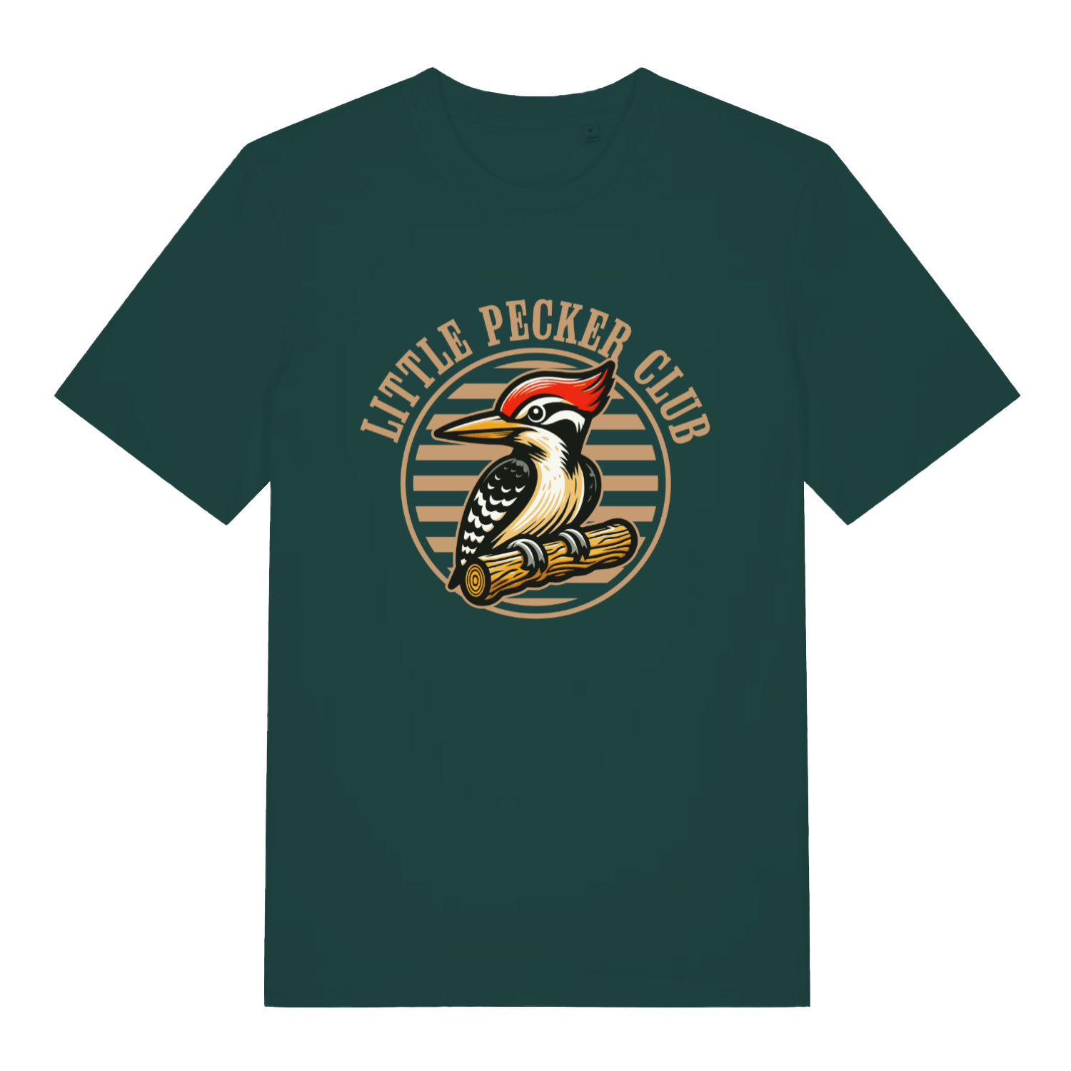 Green Little Pecker Club funny graphic t-shirt with bold circular woodpecker design and “LITTLE PECKER CLUB” text  