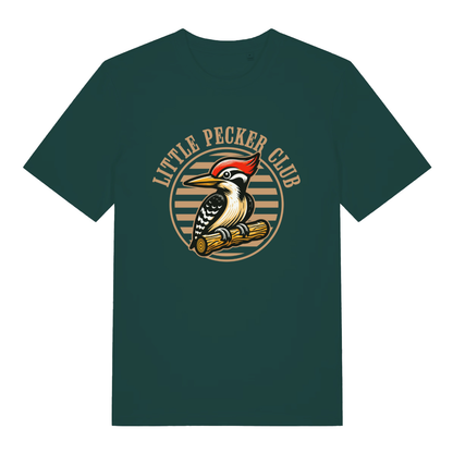 Green Little Pecker Club funny graphic t-shirt with bold circular woodpecker design and “LITTLE PECKER CLUB” text  