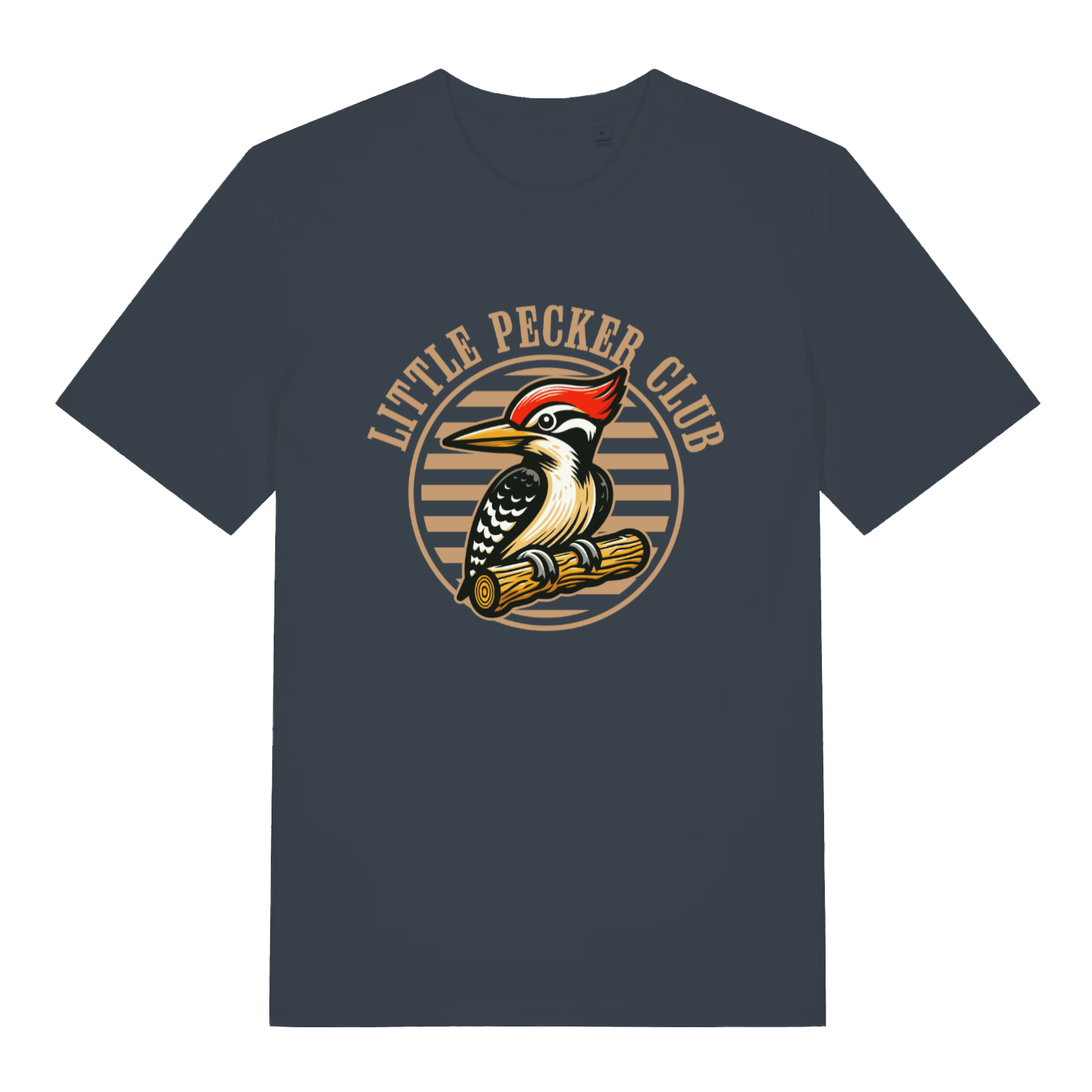 Ink grey Little Pecker Club funny graphic t-shirt showing cartoon woodpecker badge and “LITTLE PECKER CLUB” slogan  