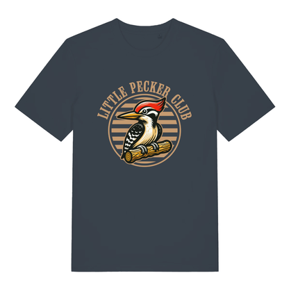 Ink grey Little Pecker Club funny graphic t-shirt showing cartoon woodpecker badge and “LITTLE PECKER CLUB” slogan  