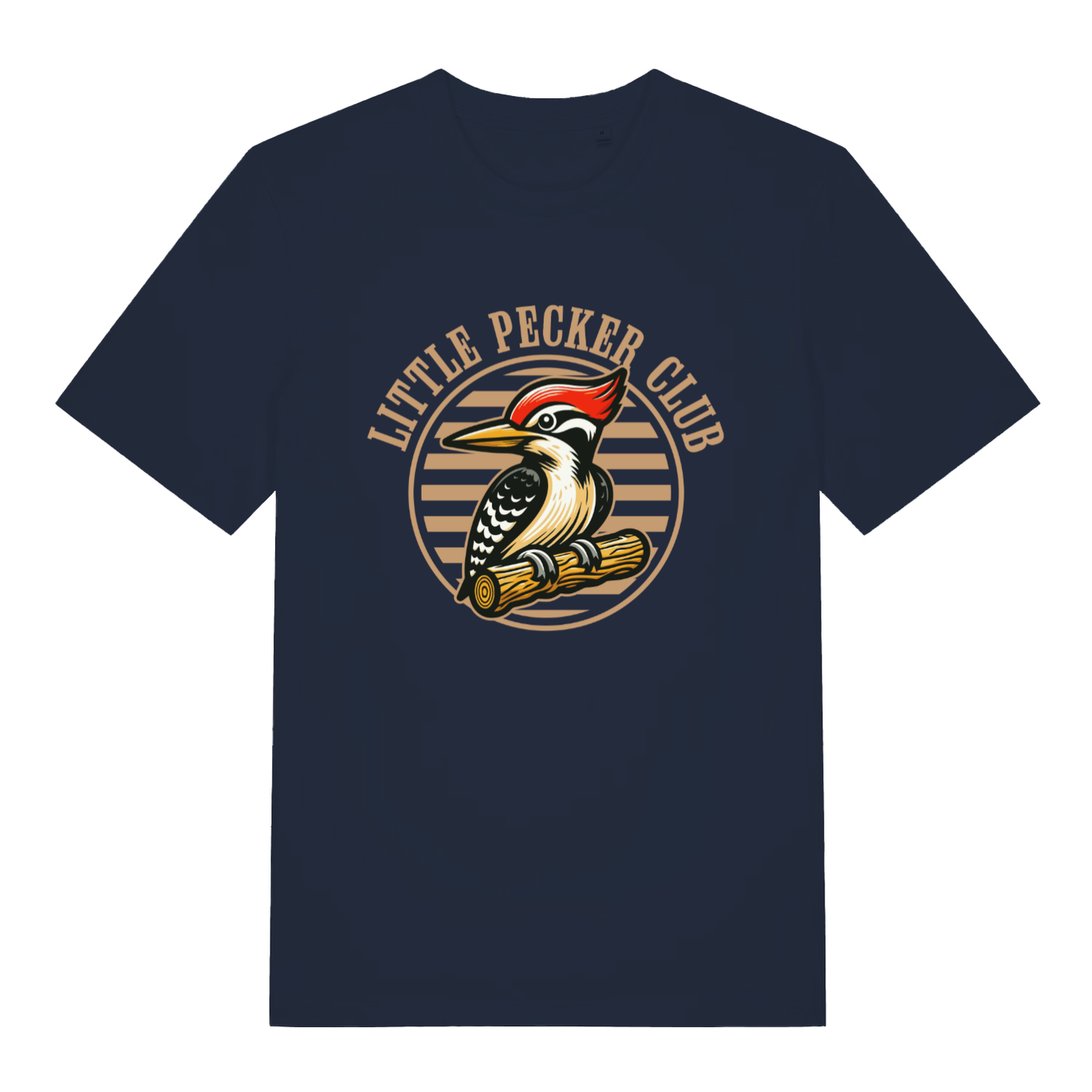 Navy Little Pecker Club funny graphic t-shirt with sharp circular woodpecker design and “LITTLE PECKER CLUB” text  