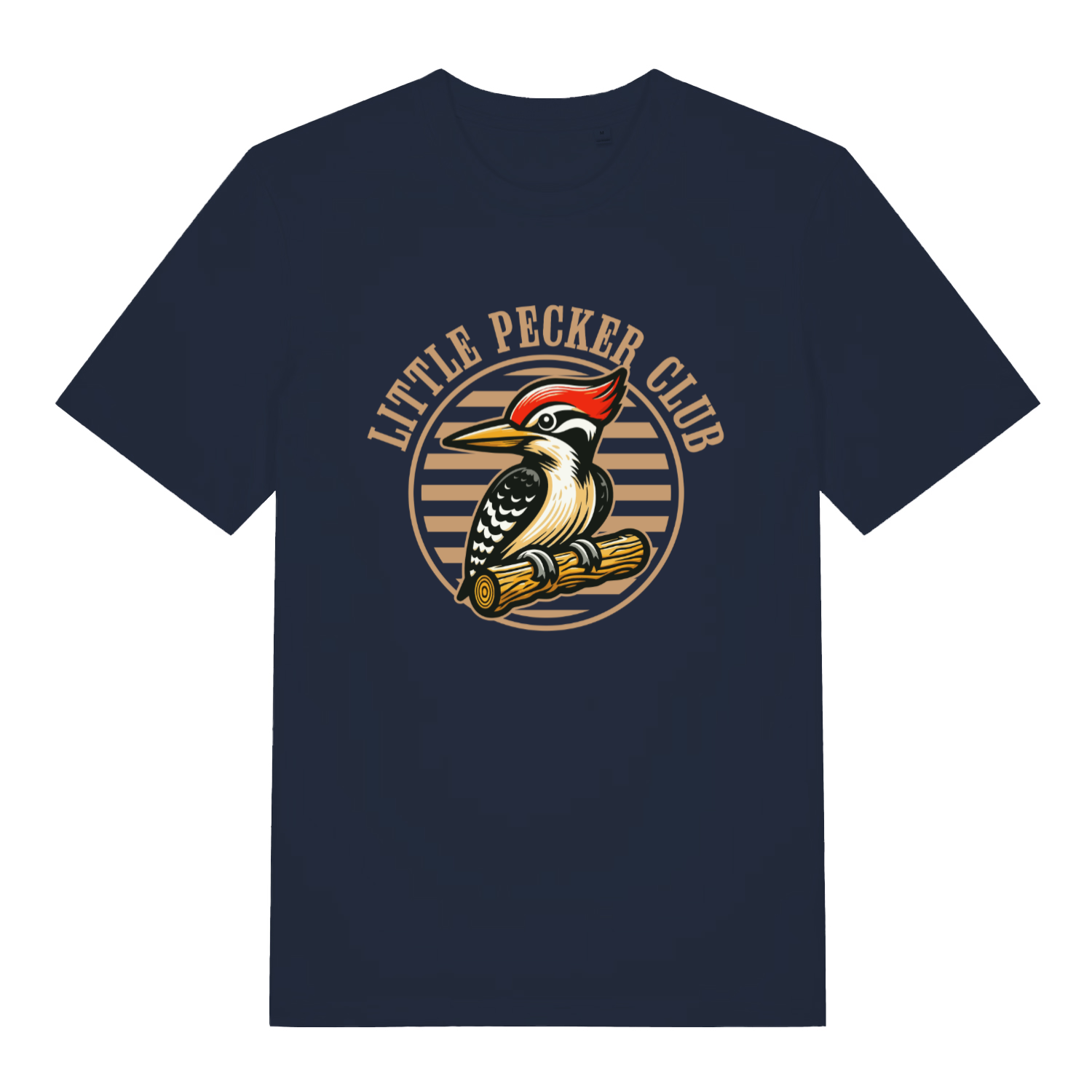 Navy Little Pecker Club funny graphic t-shirt with sharp circular woodpecker design and “LITTLE PECKER CLUB” text  