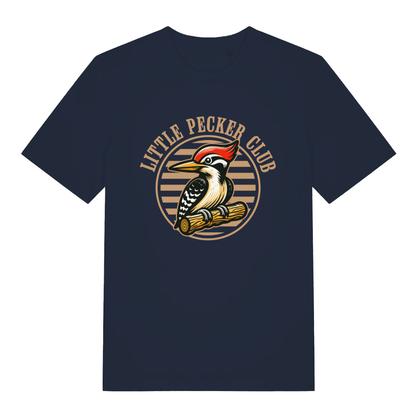 Navy Little Pecker Club funny graphic t-shirt with sharp circular woodpecker design and “LITTLE PECKER CLUB” text  