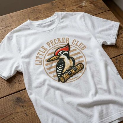 White Little Pecker Club t-shirt on wood featuring woodpecker graphic, mens fun cheeky rude dad pun
