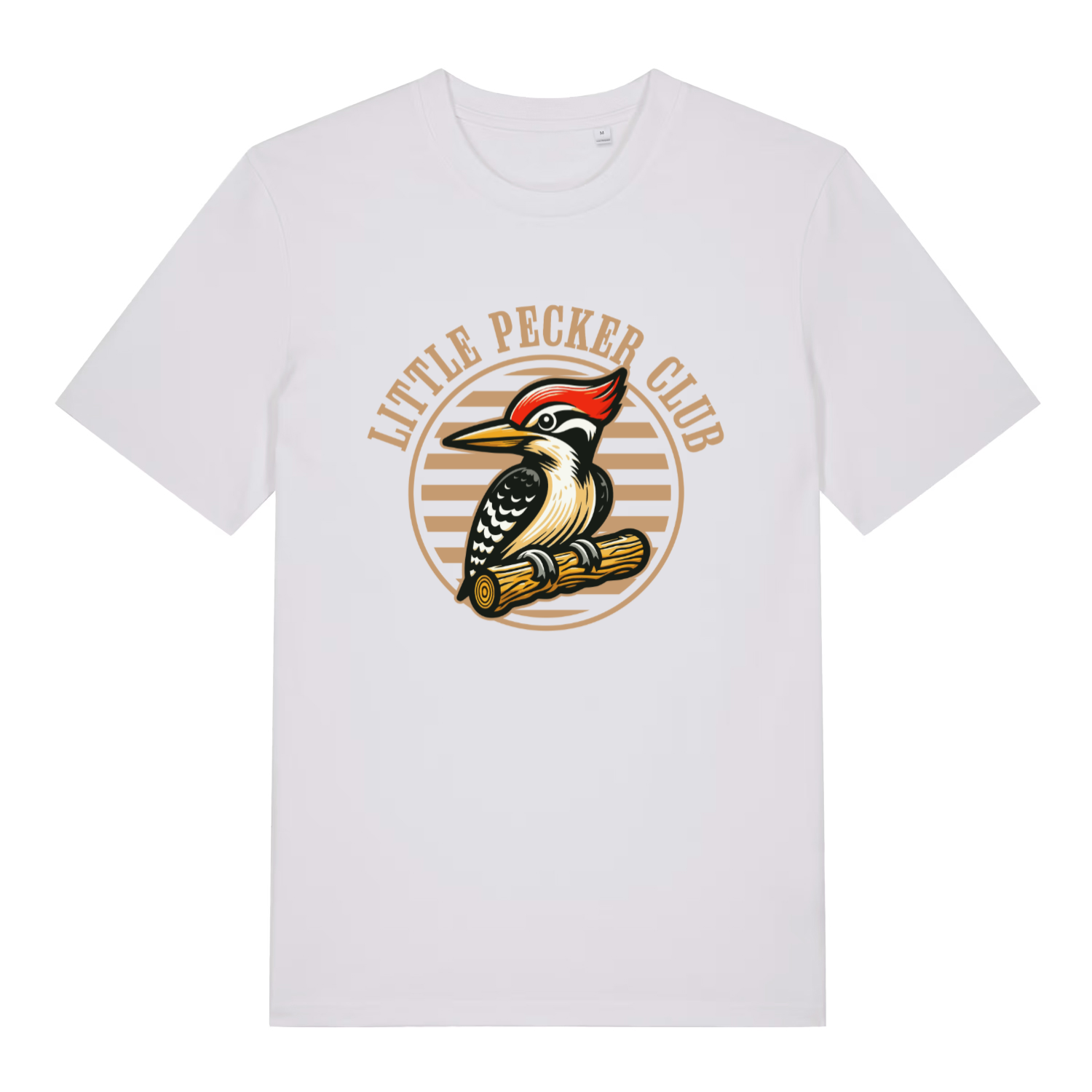 White Little Pecker Club funny graphic t-shirt featuring detailed cartoon woodpecker badge and “LITTLE PECKER CLUB” lettering  