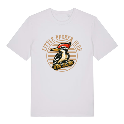 White Little Pecker Club funny graphic t-shirt featuring detailed cartoon woodpecker badge and “LITTLE PECKER CLUB” lettering  