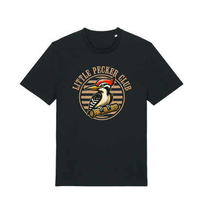 Black funny offensive t-shirt with 'Little Pecker Club' graphic featuring a woodpecker 