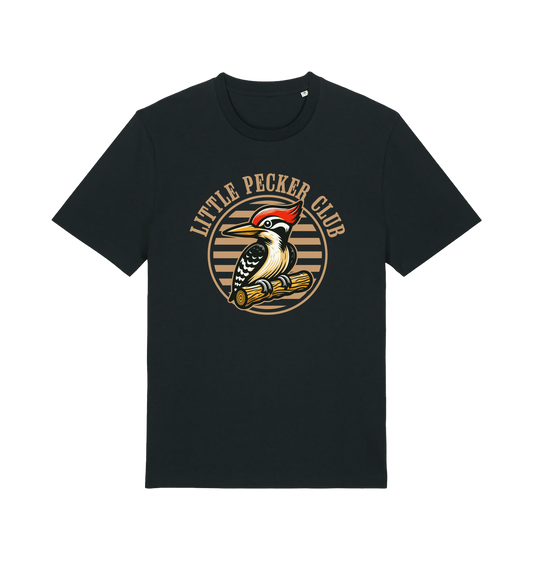 Black funny offensive t-shirt with 'Little Pecker Club' graphic featuring a woodpecker 