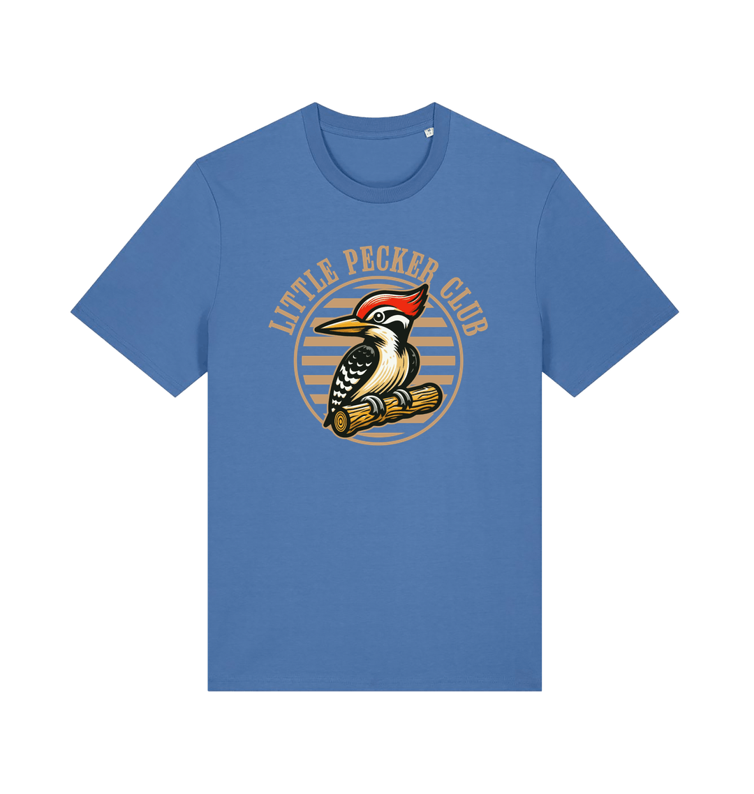 blue funny offensive t-shirt with 'Little Pecker Club' graphic featuring a woodpecker 