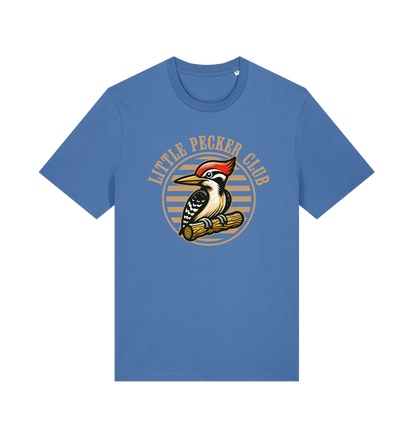 blue funny offensive t-shirt with 'Little Pecker Club' graphic featuring a woodpecker 