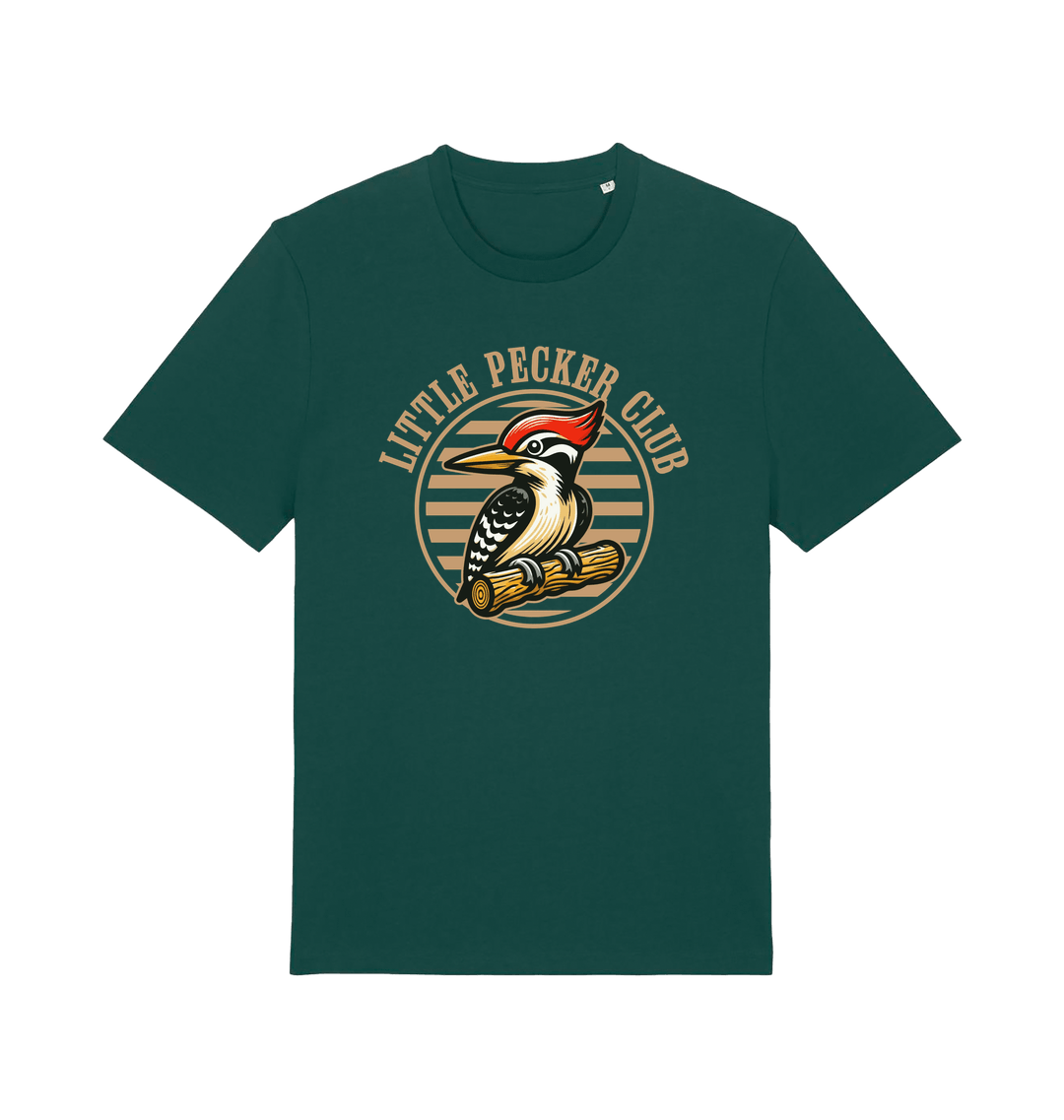 green funny offensive t-shirt with 'Little Pecker Club' graphic featuring a woodpecker 