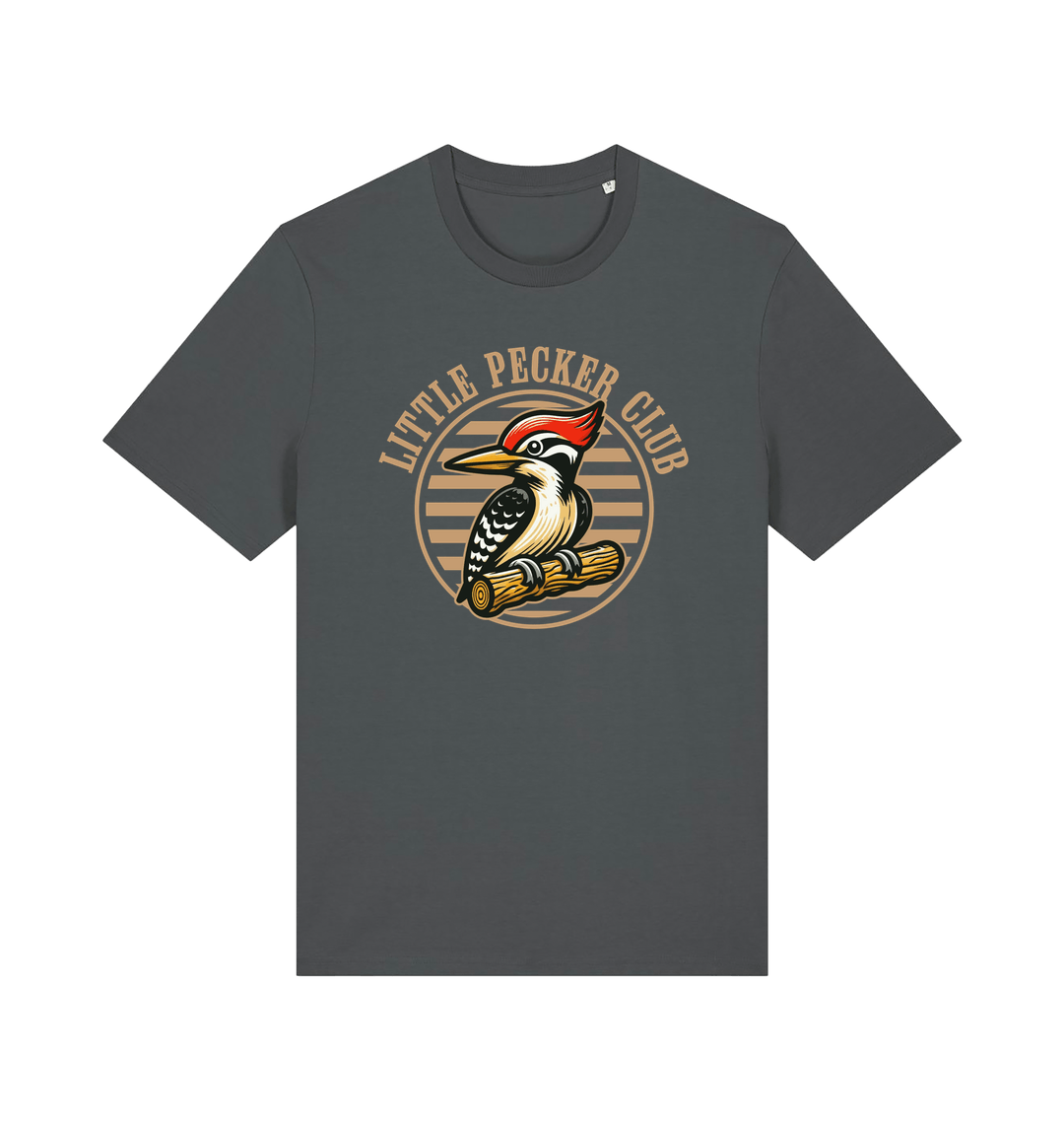 grey funny offensive t-shirt with 'Little Pecker Club' graphic featuring a woodpecker 