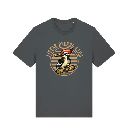 grey funny offensive t-shirt with 'Little Pecker Club' graphic featuring a woodpecker 