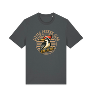 grey funny offensive t-shirt with 'Little Pecker Club' graphic featuring a woodpecker 