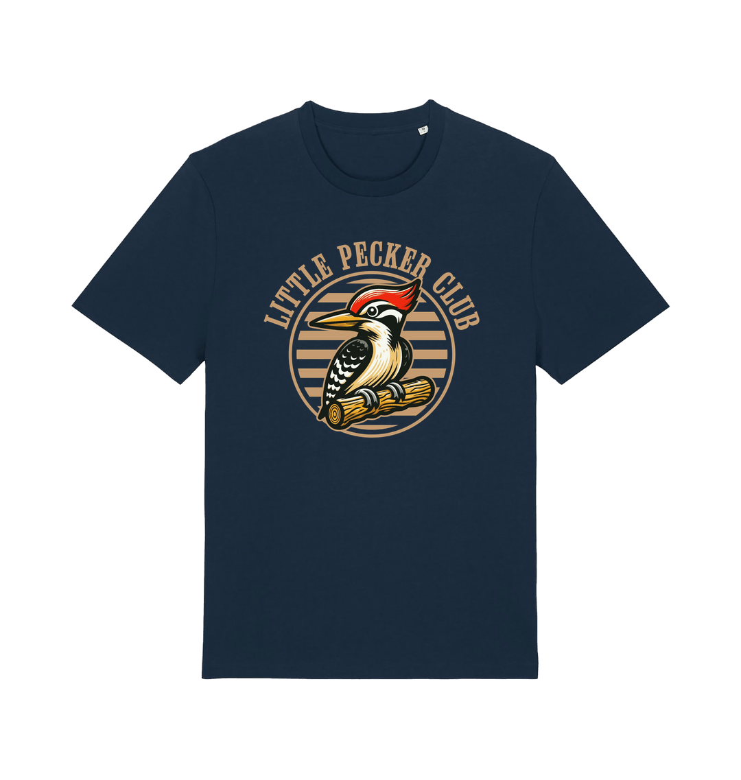 navy funny offensive t-shirt with 'Little Pecker Club' graphic featuring a woodpecker 